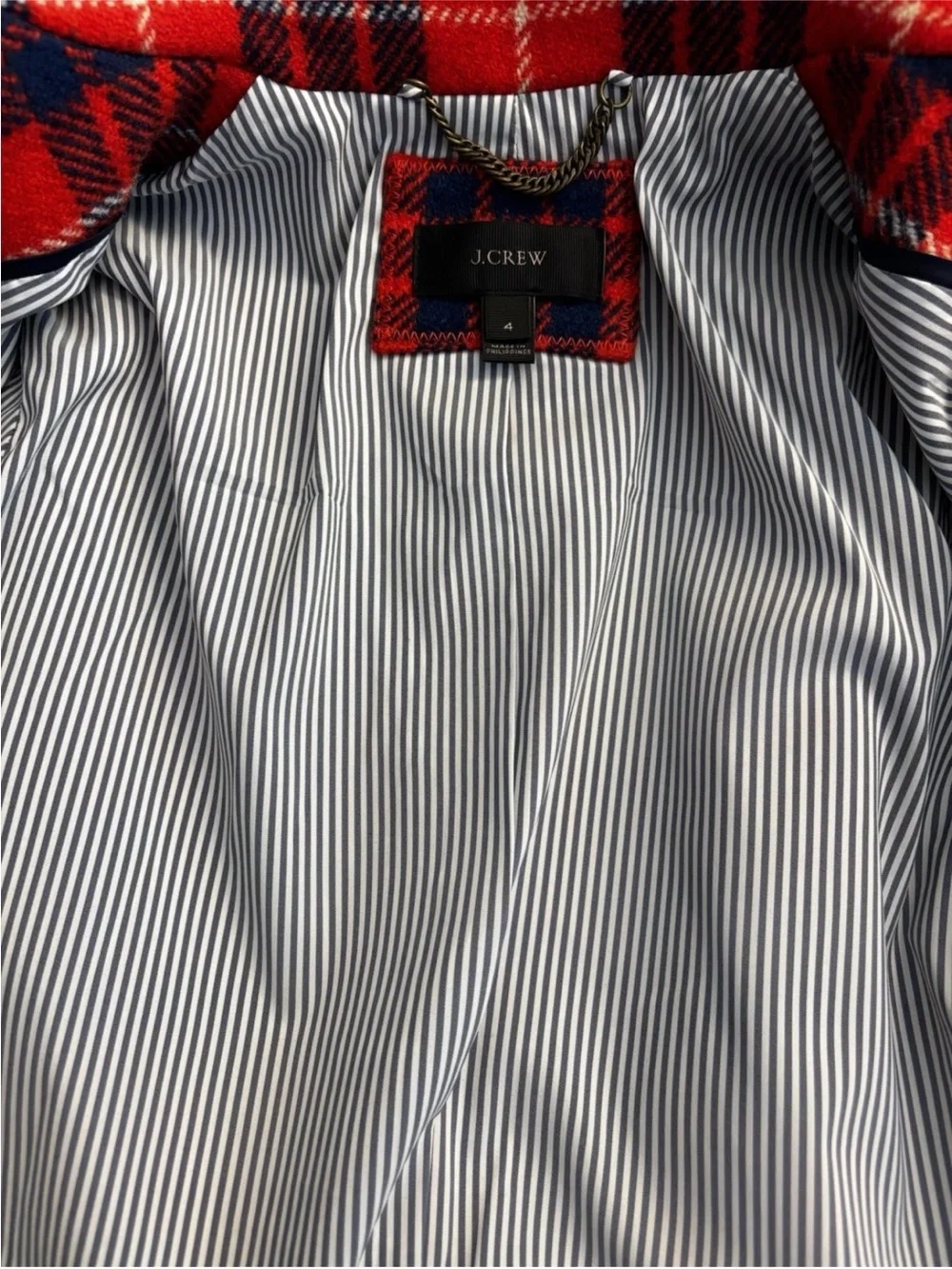 J. Crew Hamilton Plaid Peacoat Red Blue Size 4 / 100% Wool Preppy Jacket